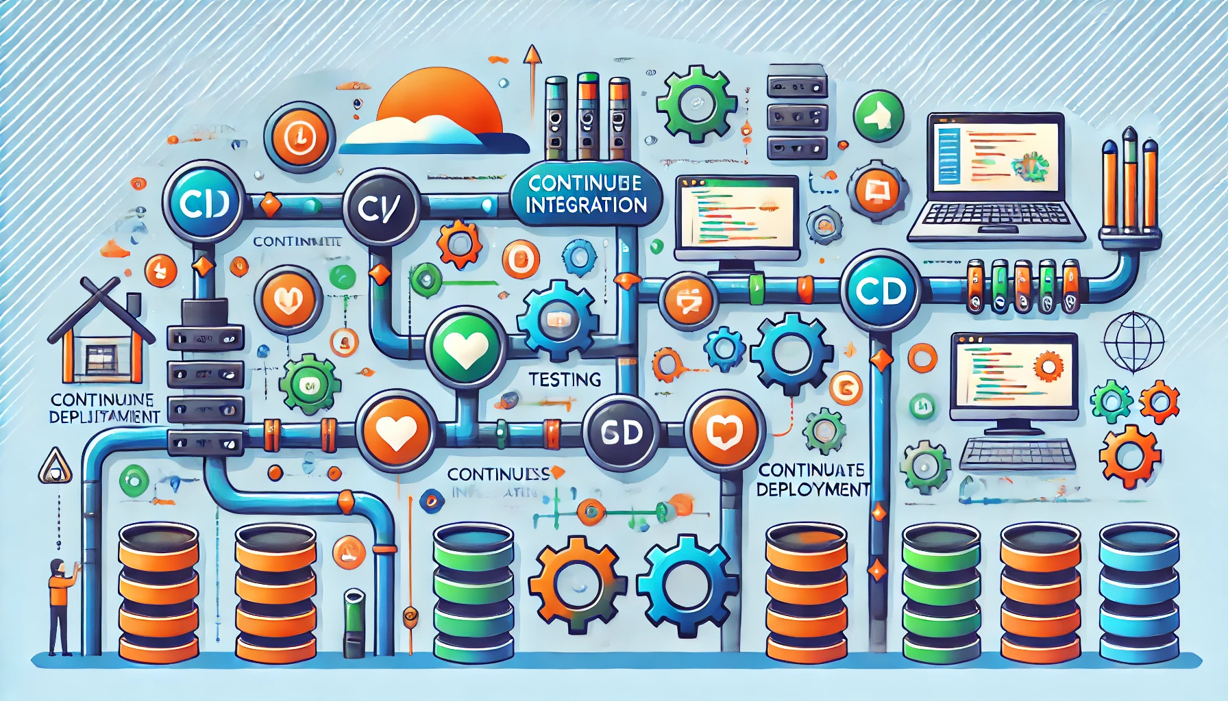 تمثيل بصري لعملية CI/CD (التكامل المستمر والنشر المستمر) يوضح مراحل مثل كتابة الكود، الاختبار، والنشر باستخدام رموز وأيقونات مع تصميم حديث وألوان زاهية تشمل الأزرق والأخضر والبرتقالي، مع عناصر مثل الخوادم والتروس والأسهم للتعبير عن الأتمتة وسير العمل.